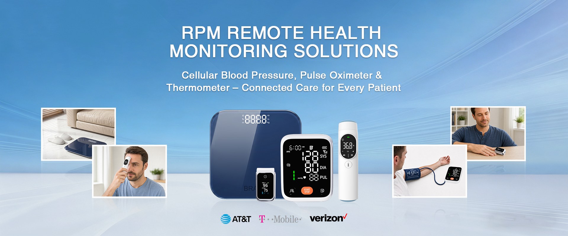 ValenceRCS cellular RCS device family — 4G blood pressure monitor, pulse oximeter, digital thermometer and connected body weight scale